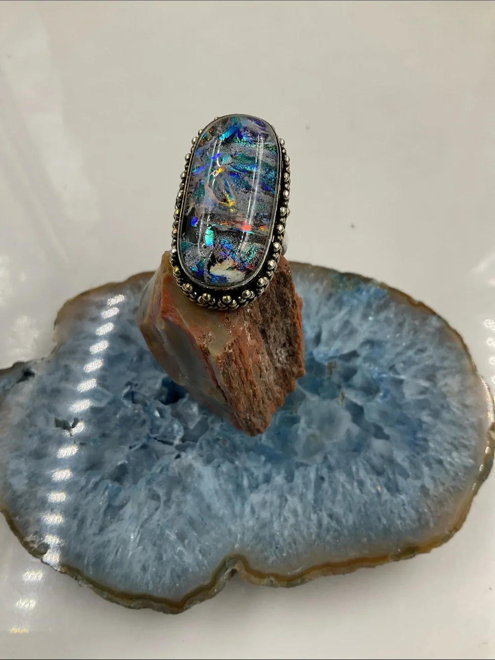 Vintage Sterling Silver Dichromic Art Glass Statement Ring Size 8 Blue-Green